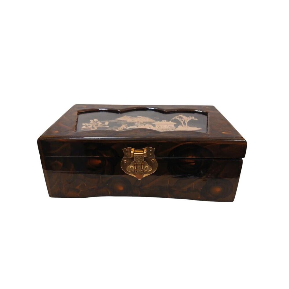 Chinese Carved Cork Mohagany Lacquered Jewelry Box Satin Ring Slots Organizer